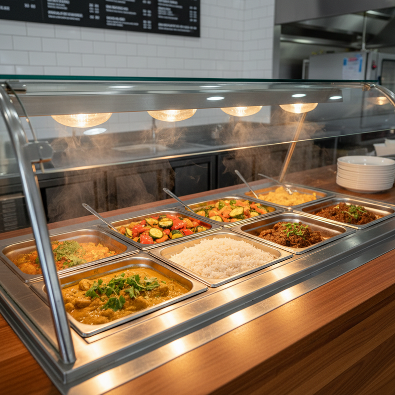 Commercial bain marie buying guide Australia — stainless steel wet and dry bain marie holding hot food in GN pans on a takeaway counter