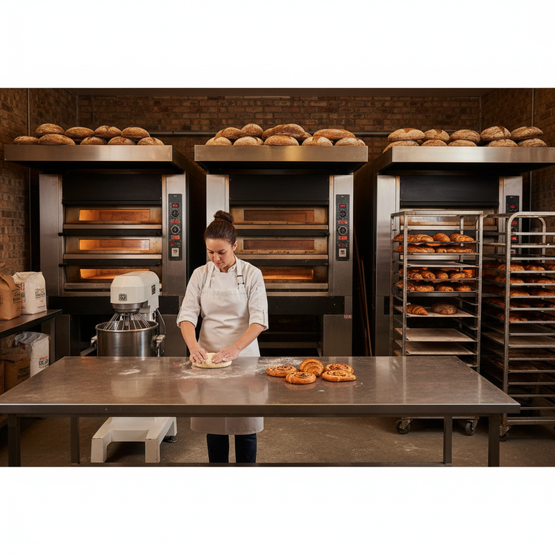 Bakery equipment Australia — baker working with a commercial planetary mixer and deck oven in a fitted-out commercial bakery