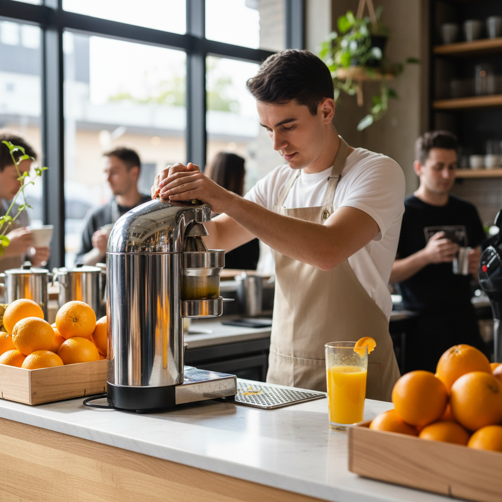 Best commercial juicers Australia — barista pressing fresh citrus on a commercial citrus juicer behind a cafe counter