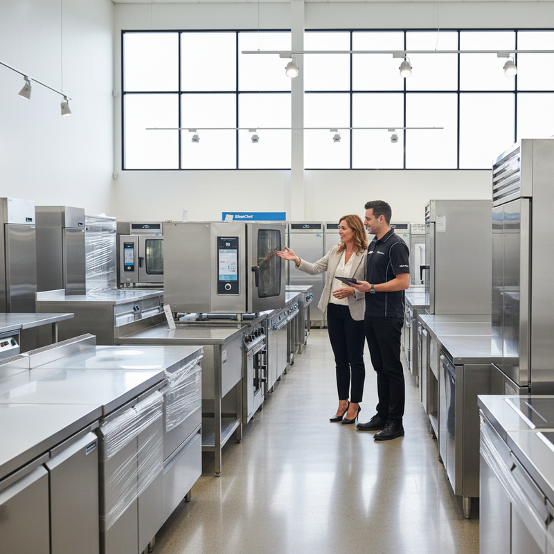How to choose a commercial kitchen equipment supplier in Australia — owner comparing suppliers in a stainless steel commercial kitchen showroom