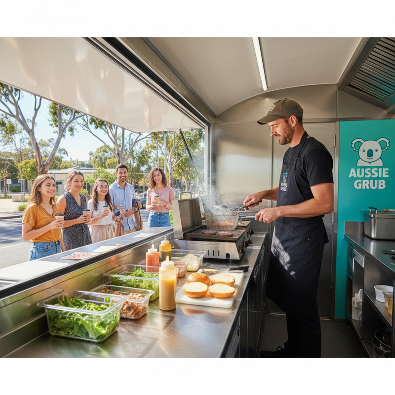 Food truck equipment list Australia — operator cooking on compact commercial equipment inside a fitted-out mobile food van