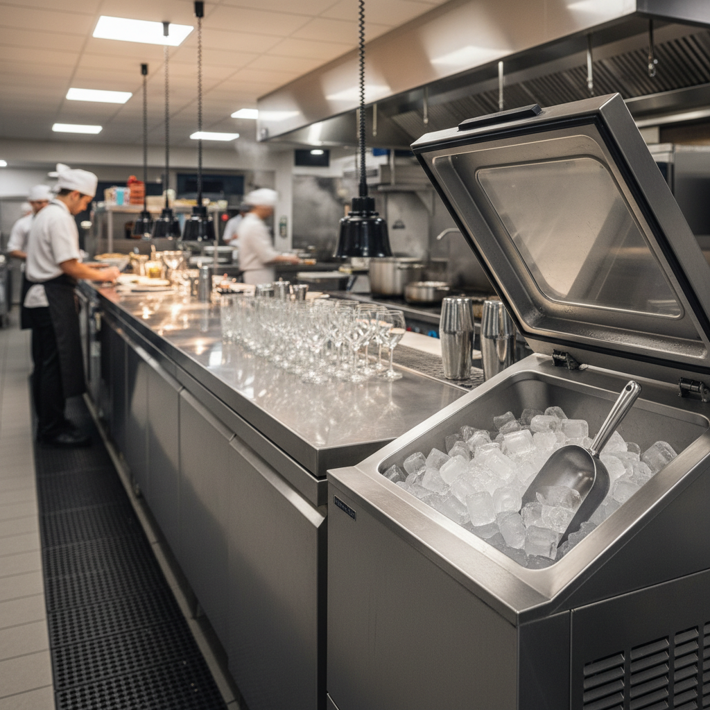 Commercial ice maker buying guide Australia — stainless steel commercial ice machine producing fresh ice cubes in a busy hospitality kitchen