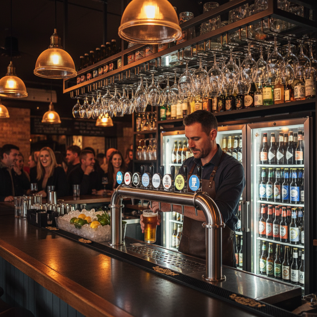 Pub and bar equipment checklist Australia — bartender working a fully fitted commercial bar with beer taps, glass-door fridges and an ice well