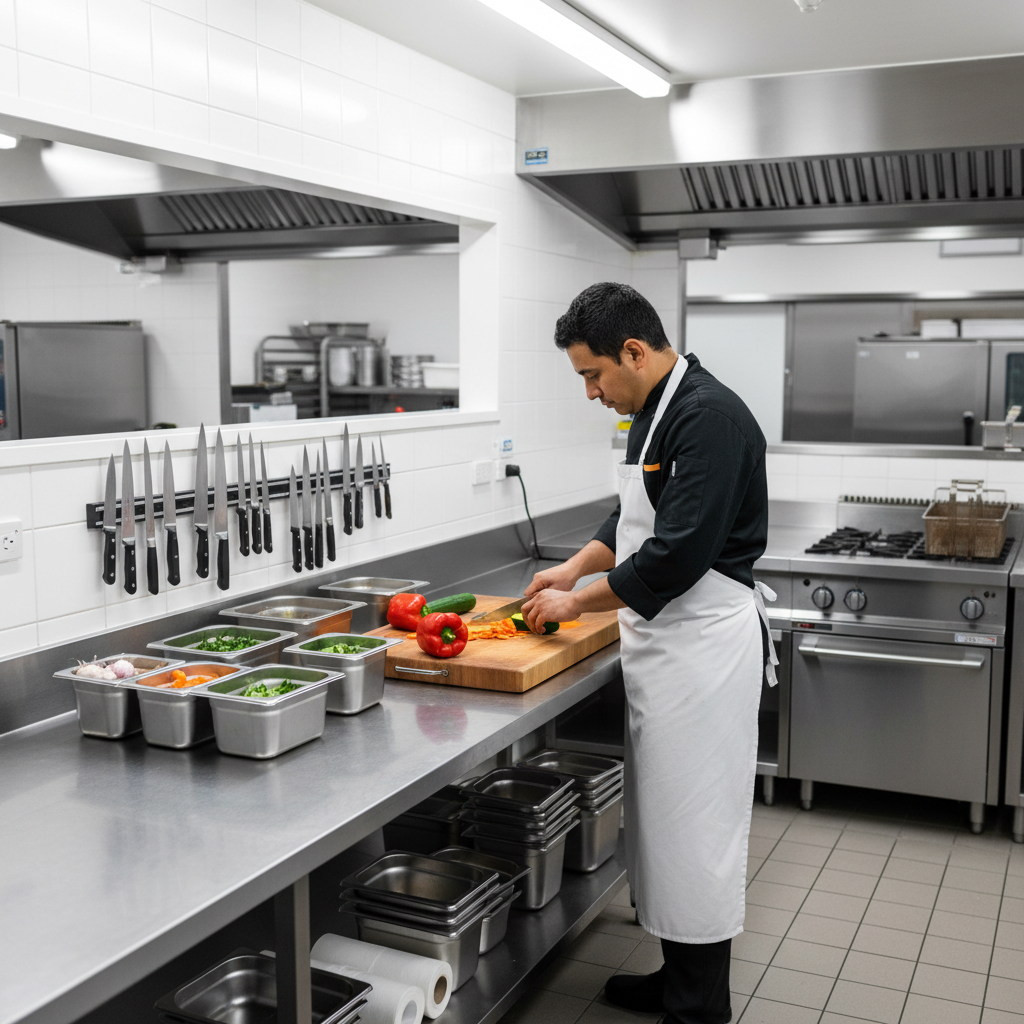 Stainless steel bench buying guide — chef working at a 304-grade commercial stainless steel work bench in an Australian commercial kitchen