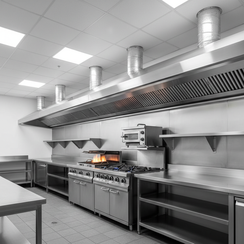 Commercial kitchen ventilation Australia — stainless steel exhaust canopy above a chargrill line in an Australian commercial kitchen