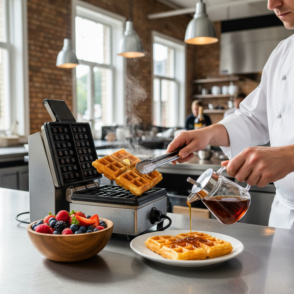 Commercial waffle maker buying guide — chef lifting a fresh Belgian waffle from a commercial waffle iron in a cafe kitchen