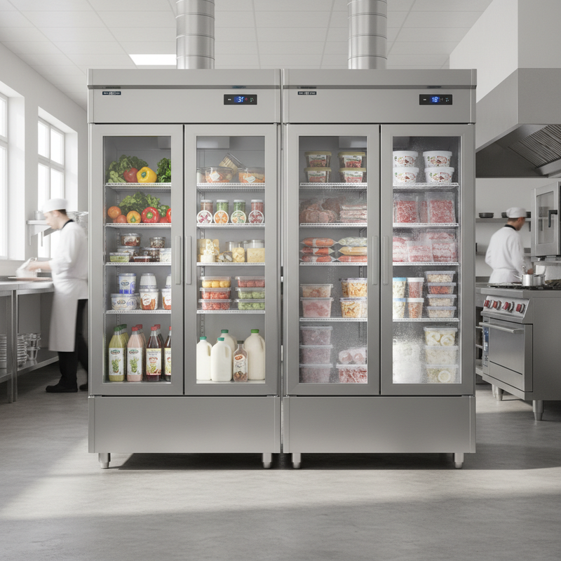 FED-X XURC upright fridge and XURF upright freezer side by side in an Australian commercial kitchen — stainless steel cabinets with full glass doors