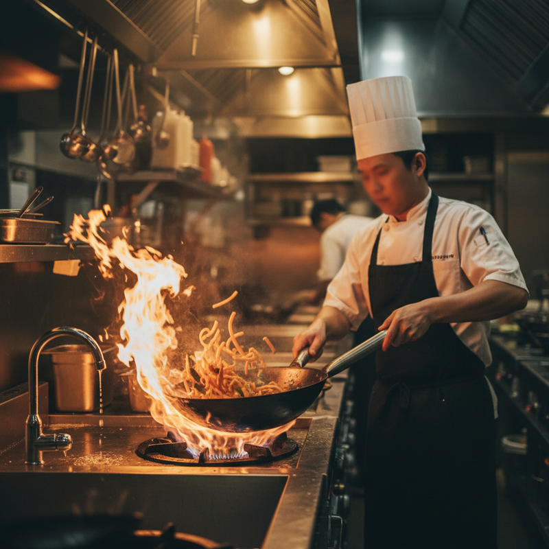 Chef tossing a stir-fry over a high output commercial gas wok burner with visible flame