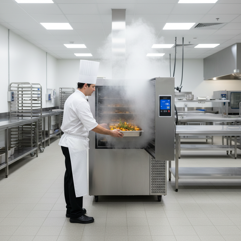 Chef loading hot gastronorm trays into a stainless steel commercial blast chiller