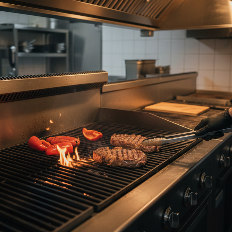 Commercial gas char grill searing steaks with visible grill marks on a professional cookline