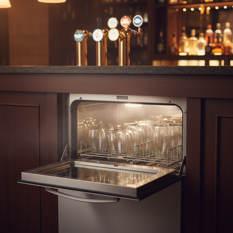 Underbench commercial glasswasher with a rack of sparkling clean beer glasses at a bar