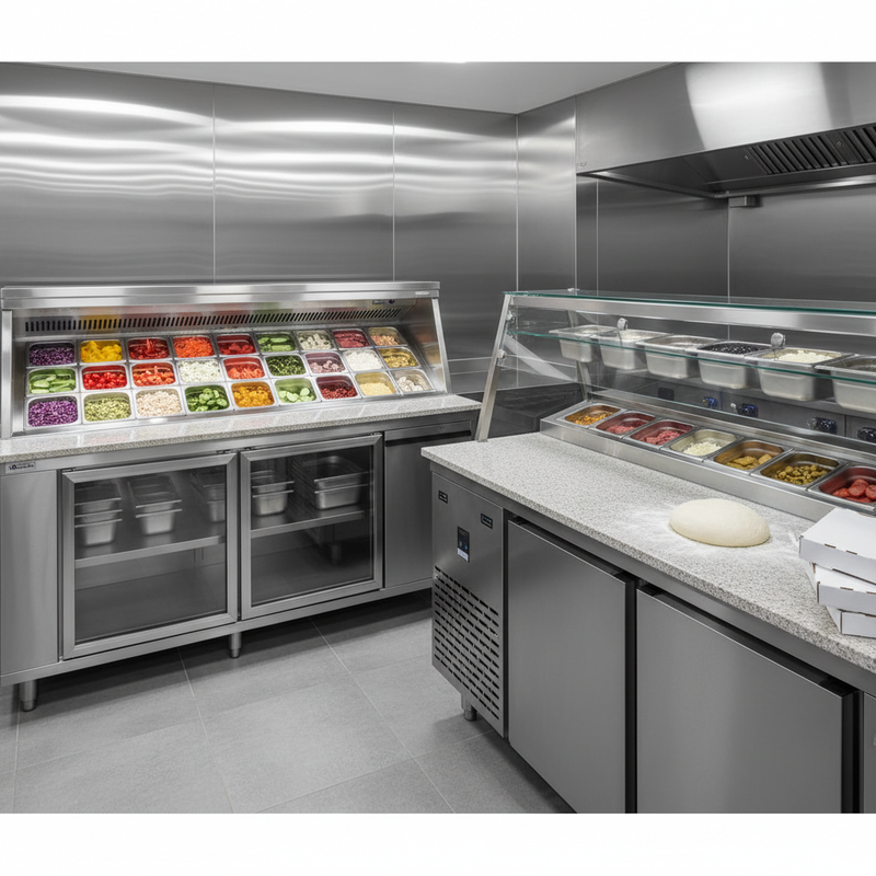 Salad bar prep fridge with open gastronorm wells beside a pizza prep counter in a commercial kitchen
