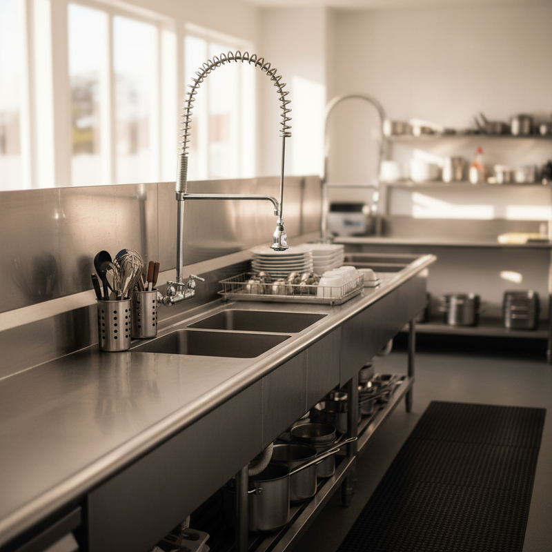 Row of stainless steel sink benches with splashbacks and pre-rinse taps in a clean Australian commercial kitchen wash-up area
