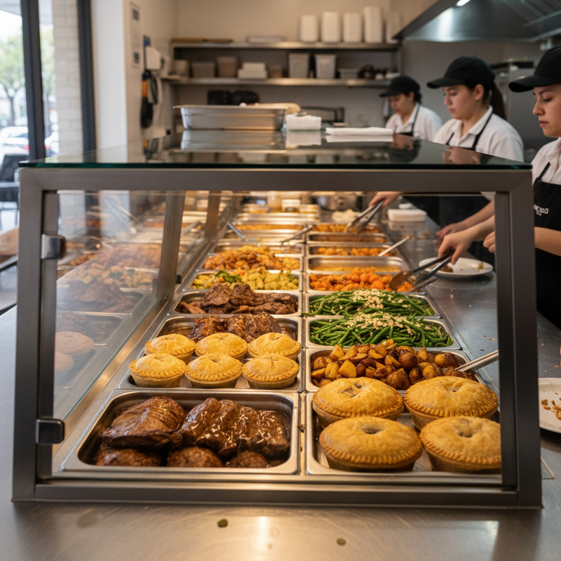 Stainless steel hot food display with trays of hot food on a commercial takeaway counter