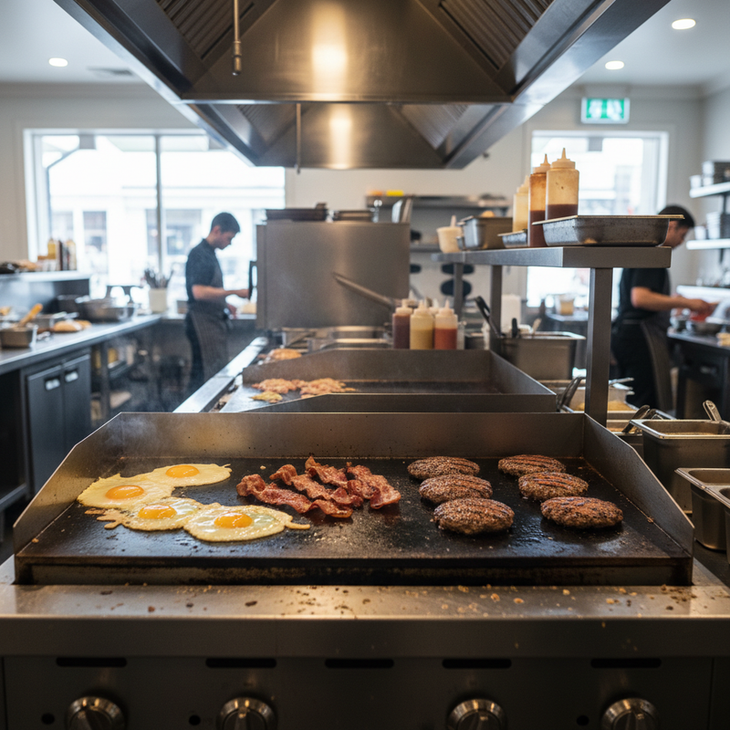 Wide stainless steel commercial gas griddle with eggs, bacon and burgers cooking on a busy Australian cafe line