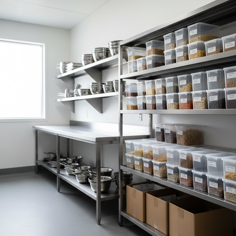 Stainless and poly-coated shelving organised with labelled stock in an Australian commercial kitchen storage area
