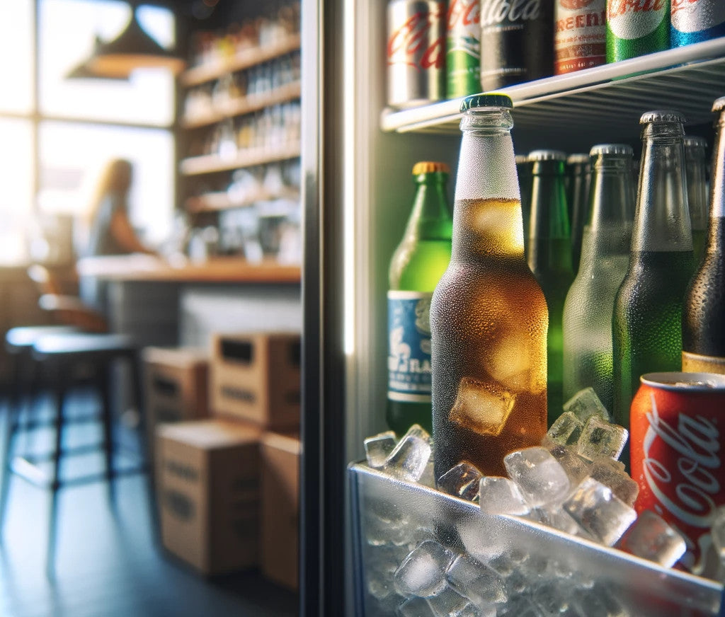 commercial-bar-fridge-filled-with-popular-soft-drinks-beers-and-waters-commonly-found-in-Australia-all-organized-on-the-same-shelf