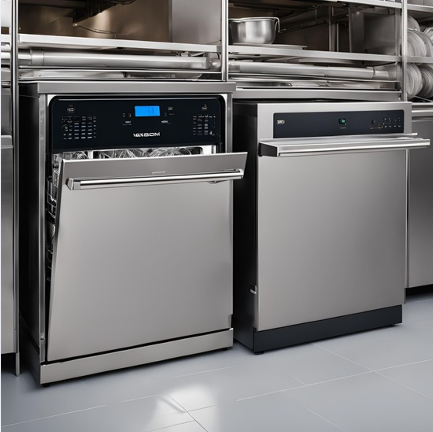 Side-by-side comparison of two commercial dishwashers in a professional kitchen, showcasing sleek stainless steel designs and modern controls.