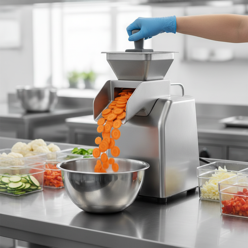 Commercial vegetable cutter slicing carrots into a stainless bowl in a professional kitchen