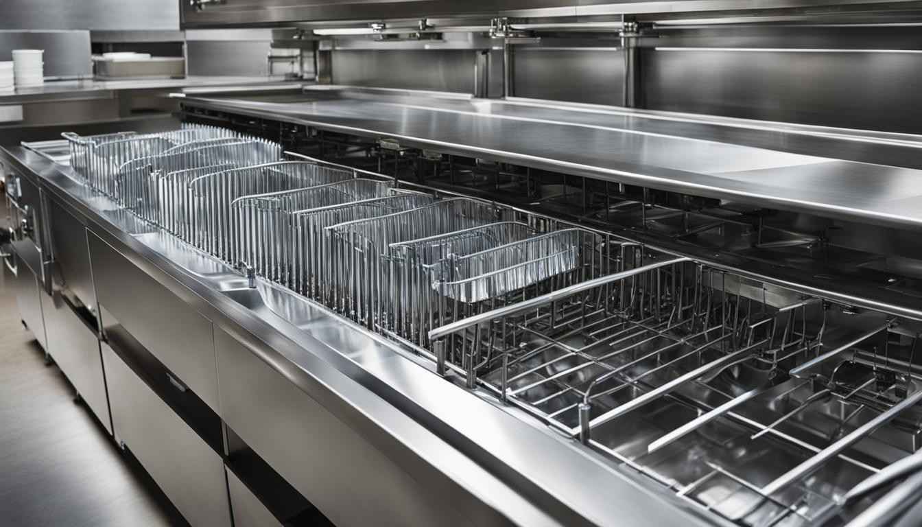 industrial dishwasher in a busy commercial kitchen