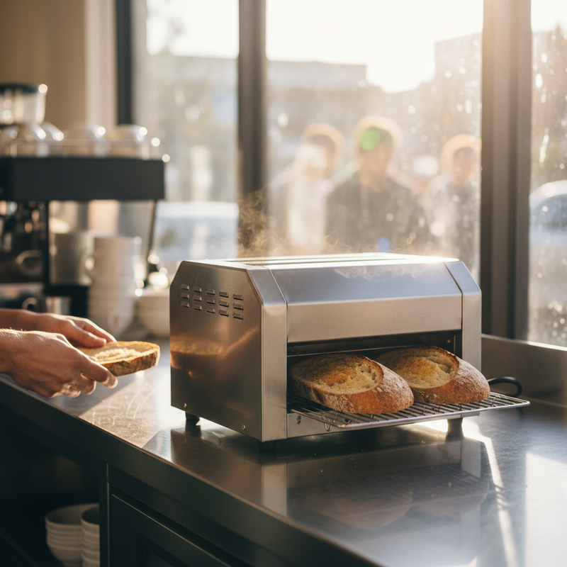 Stainless steel commercial conveyor toaster producing golden toast during cafe breakfast service