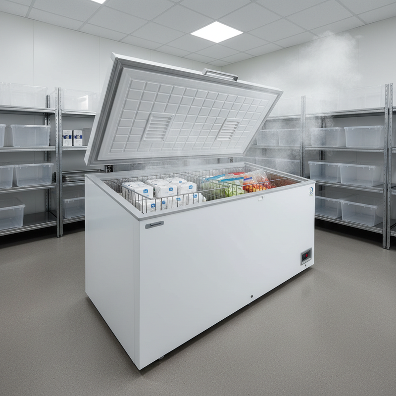 Large solid-lid commercial chest freezer in an Australian commercial kitchen store room