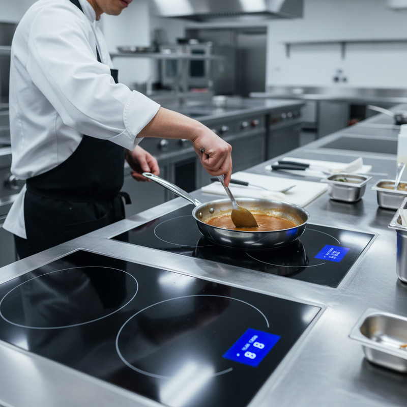 Chef cooking on a commercial induction cooktop with a stainless pan in a modern kitchen