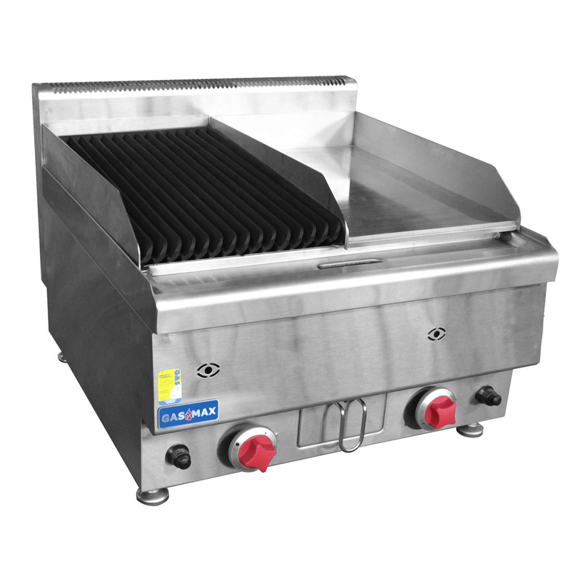 GasMax JUS-TRGH60E benchtop combo with half ribbed chargrill and half flat griddle in stainless steel