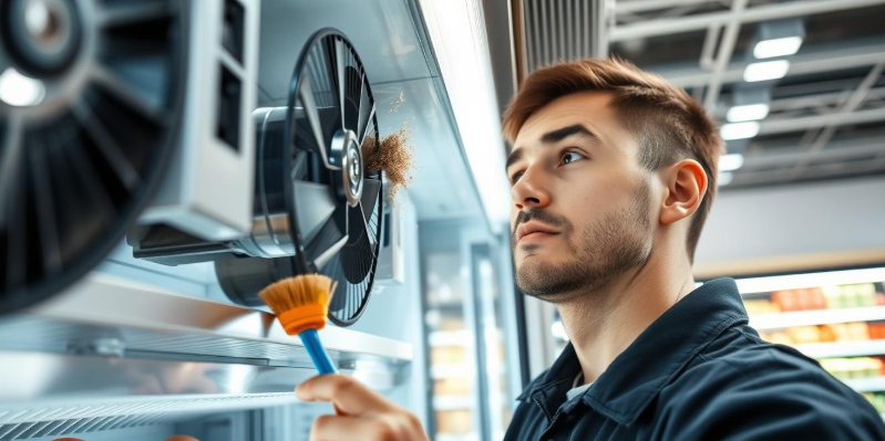 Well-organized commercial refrigeration system with neatly stored food items in a commercial fridge and freezer.