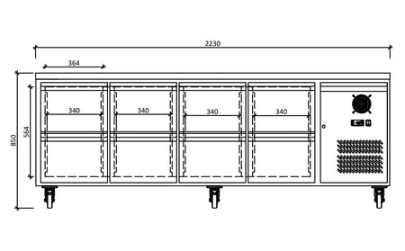 FED-X S/S Eight-Door Bench Fridge with Drawers - XUB7C22S4D dimensions