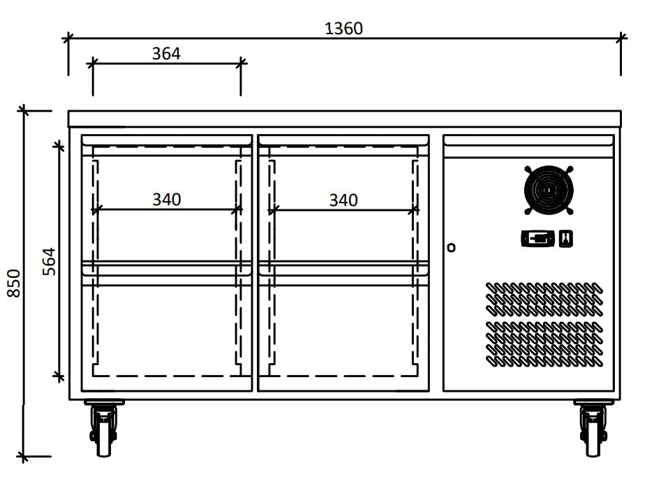 FED-X S/S Four-Door Bench Fridge with Drawers - XUB7C13S2D dimensions