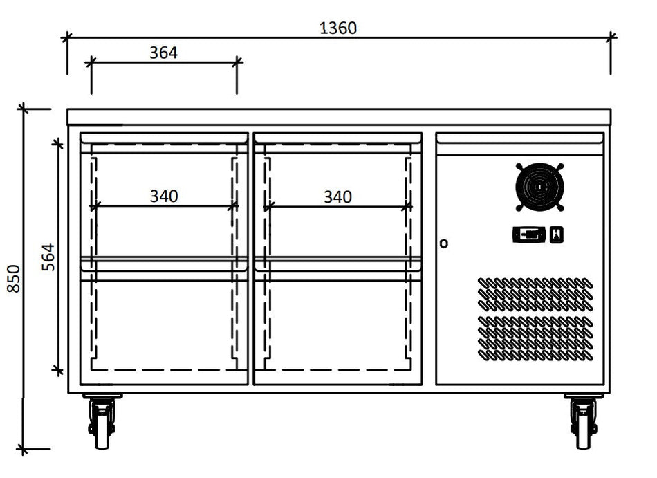 FED-X S/S Four-Door Bench Fridge with Drawers - XUB7C13S2D dimensions