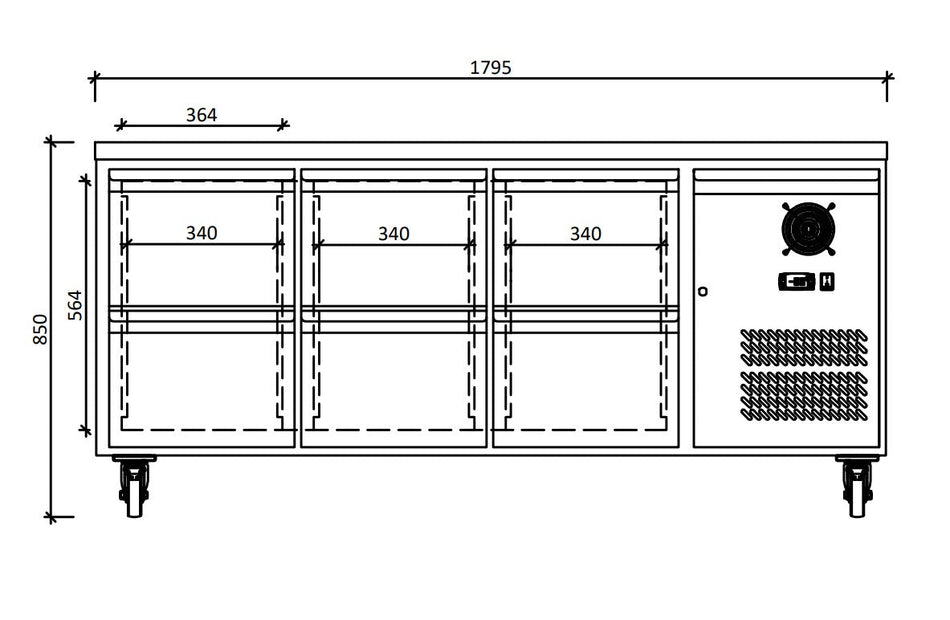 FED-X S/S Six-Door Bench Fridge with Drawers - XUB7C18S3D dimensions