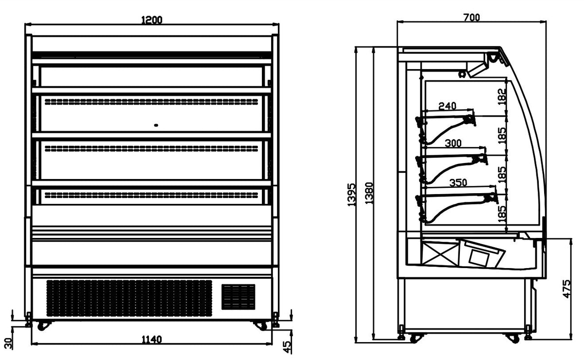 Thermaster Self-Serve Curve Open Display 285L OP-1270C ldimensions