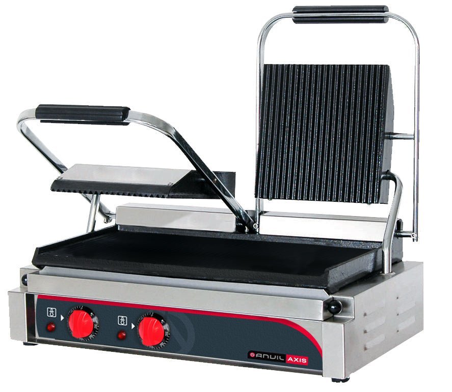 Anvil Panini Press Double Ribbed Top Flat Bottom - Commercial Kitchen Appliances