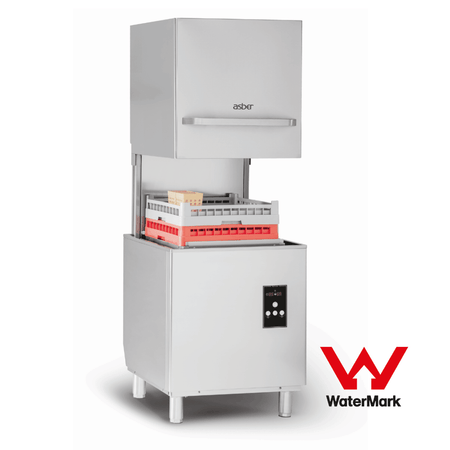 Asber GE-H500DD passthrough hood-type dishwasher — front view