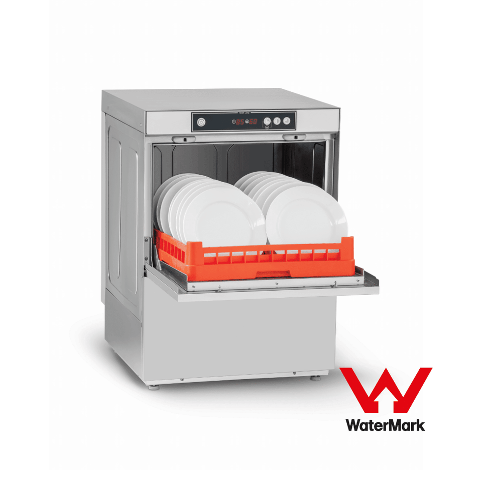 Asber GE-500BDD Tech Line underbench dishwasher — front view in stainless steel