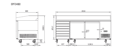 Atosa 2 Door Refrigerated Pizza Table With Drawers EPF3480 - Commercial Kitchen Appliances
