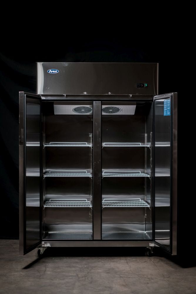 Atosa YBF9219 freezer — doors open showing white PVC shelving