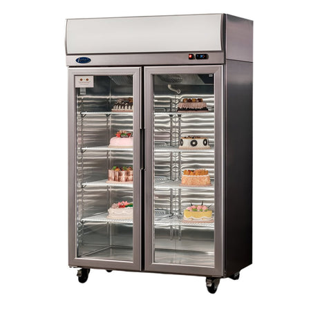 Atosa YCF9402 2-door glass display fridge 900L — front view with lightbox