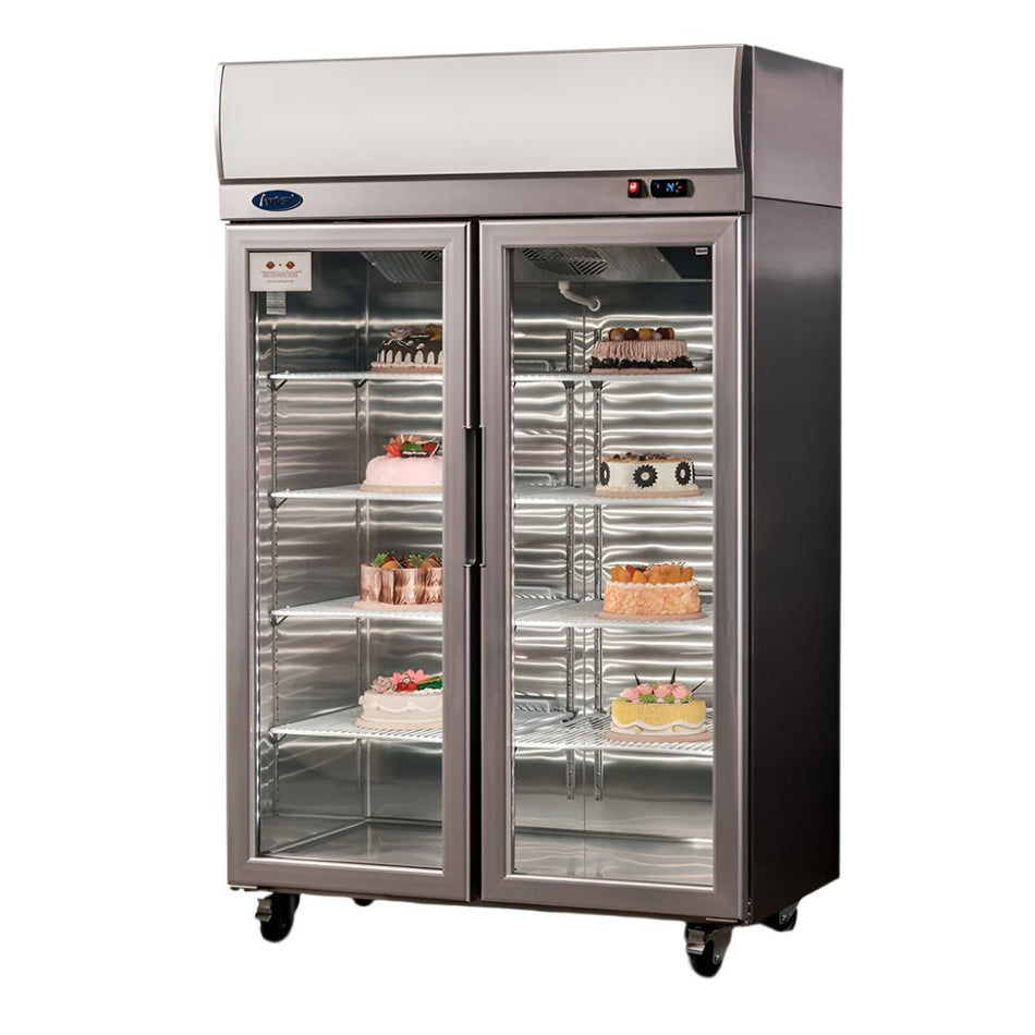 Atosa YCF9402 2-door glass display fridge 900L — front view with lightbox