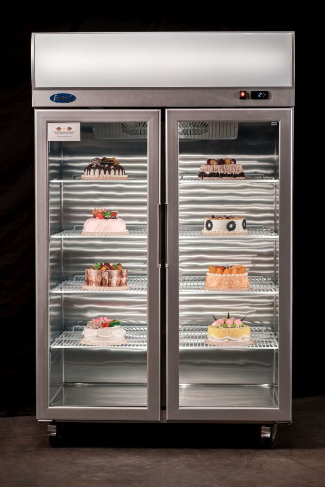 Atosa YCF9402 display fridge — doors open showing pre-installed shelves