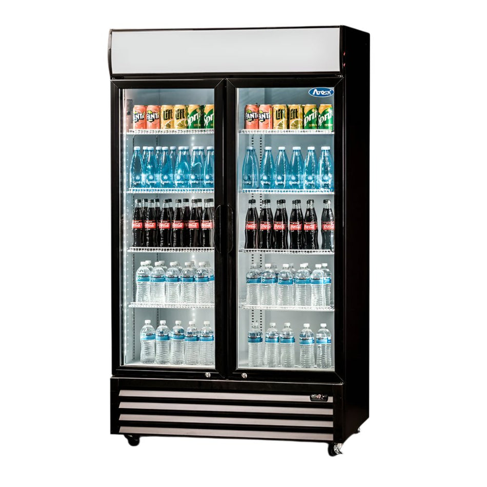 Atosa P1000WB-A double glass door display fridge — front view fully stocked