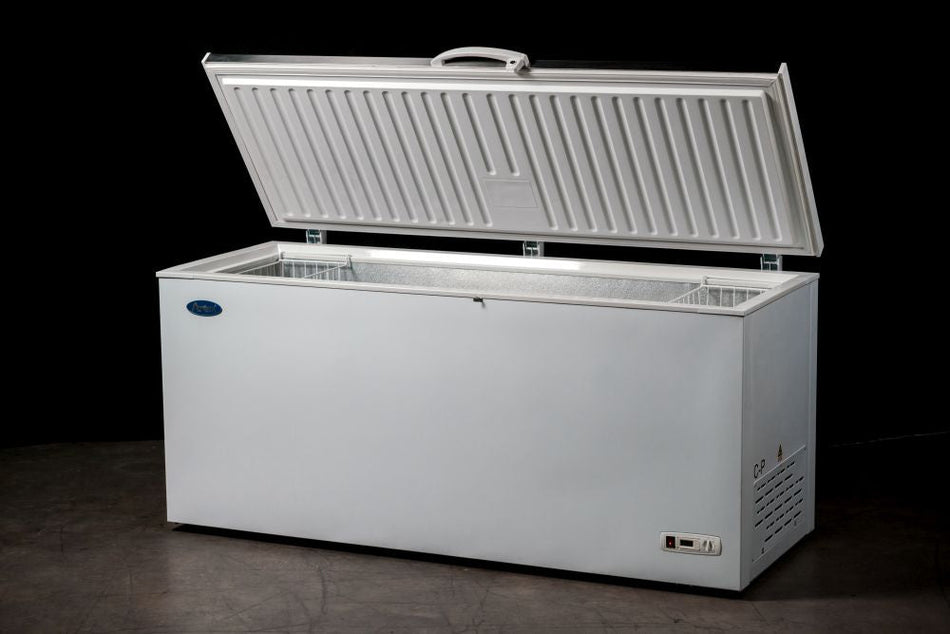 Atosa BD-650 chest freezer — lid open showing storage baskets