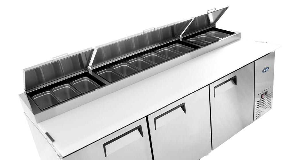 Atosa MPF8203 pizza prep fridge — doors open showing interior shelving and storage