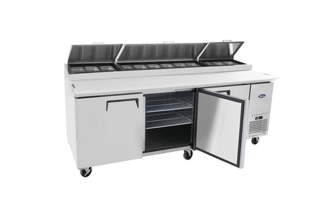 Atosa MPF8203 pizza prep table fridge — refrigerated top rail with ingredient pans