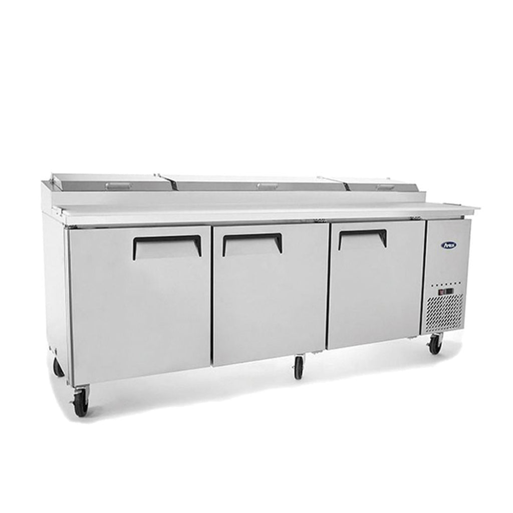 Atosa MPF8203-SM three door pizza prep table fridge — front view in stainless steel