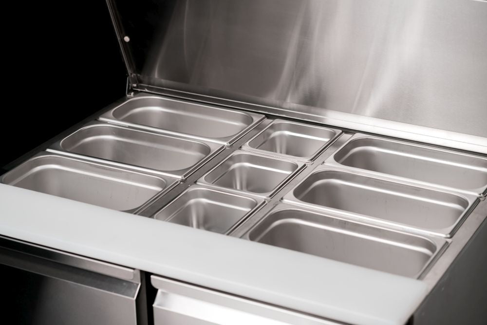 Atosa ESL3800 saladette — back view with bottom-mounted compressor