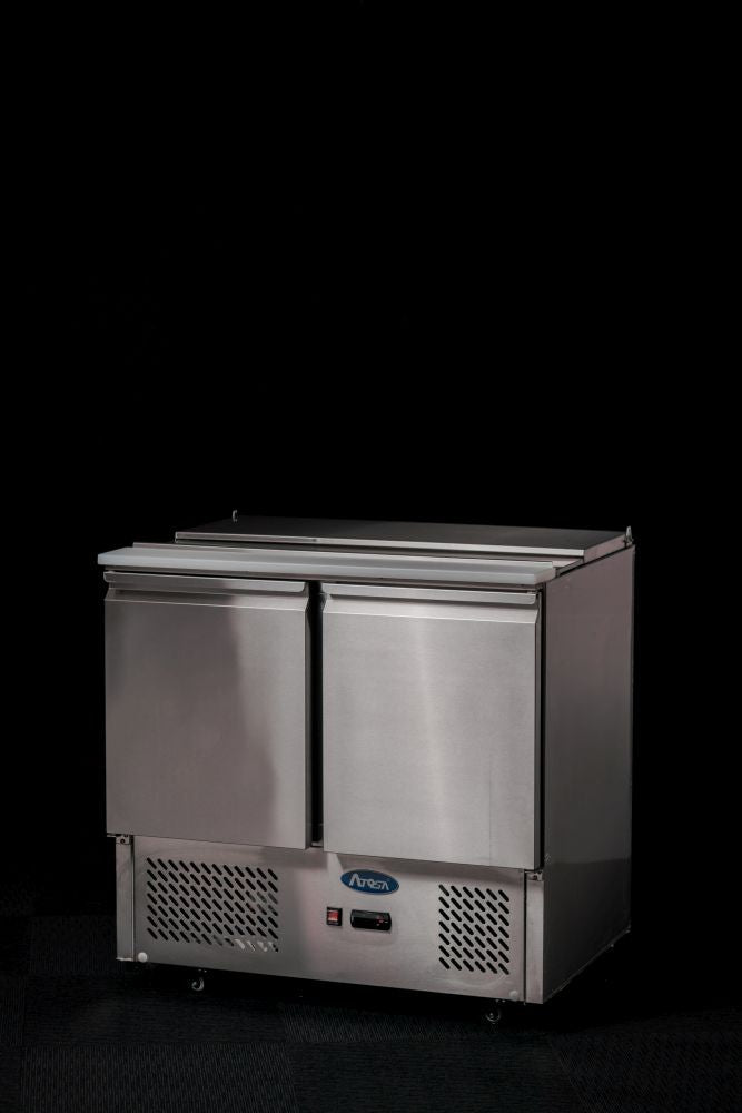 Atosa ESL3800 saladette — top view with pizza assembly mid-prep