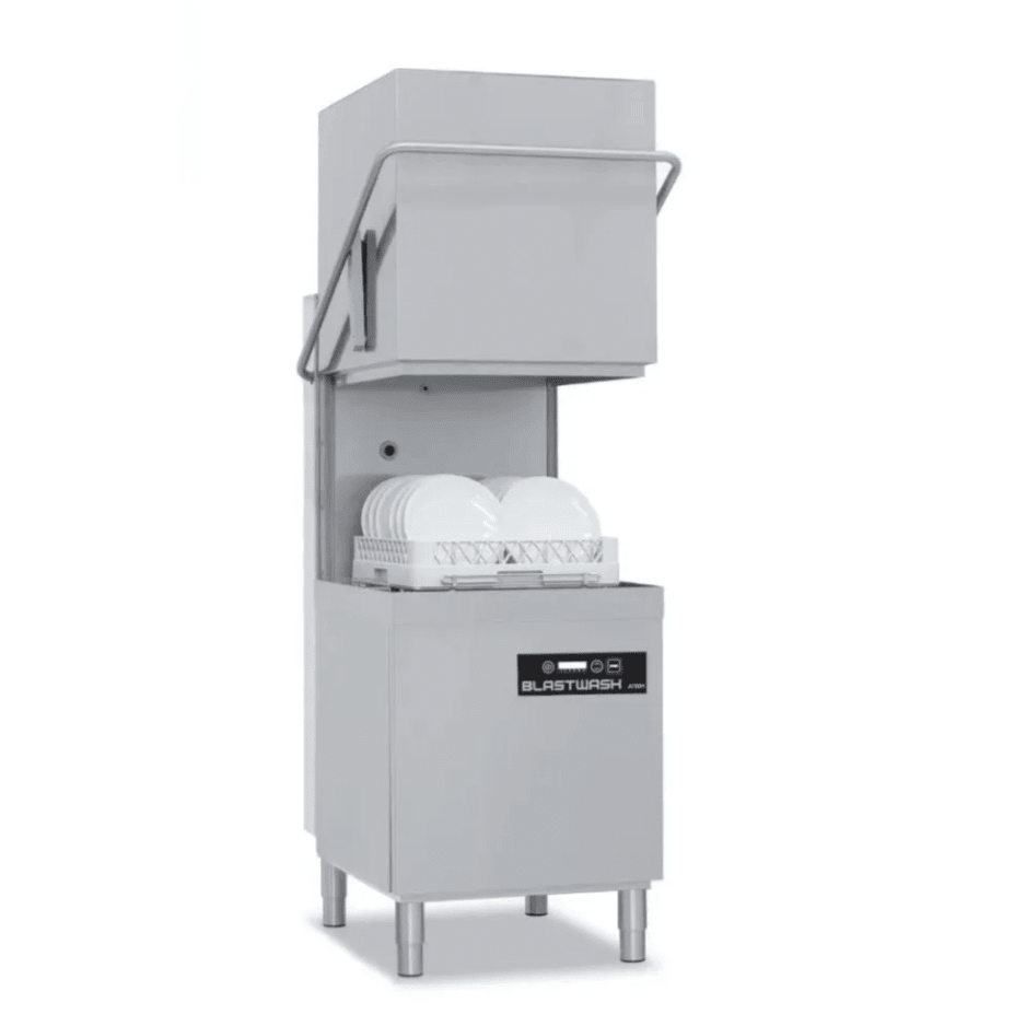 Blastwash AT50H commercial pass-through hood dishwasher — front view in stainless steel